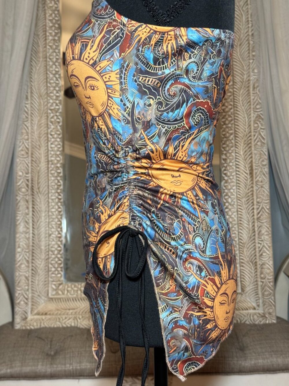 Celestial Sun Print Strapless Ruched Asymmetrical Y2K Top M - Picture 4 of 7